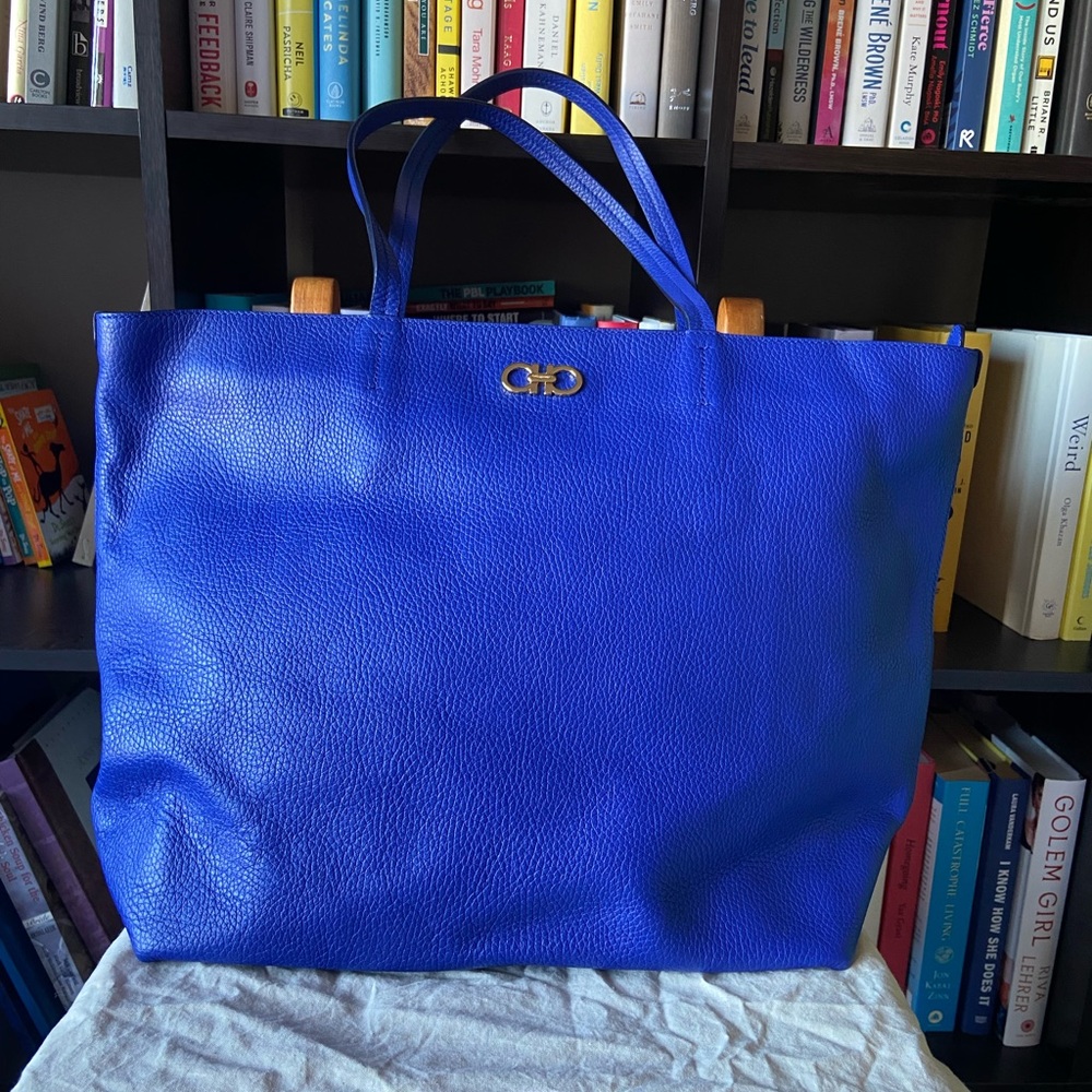 Authentic Salvatore Ferragamo Royal Cobalt Blue Gina Tote Soft Pebbled Leather